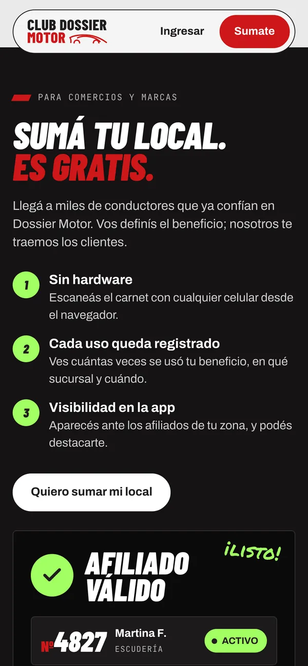 Club Dossier Motor en el celular: la sección para comercios y un carnet validado.