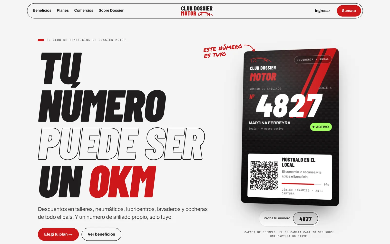 Home de Club Dossier Motor en desktop: “Tu número puede ser un 0km”, con un carnet de ejemplo.